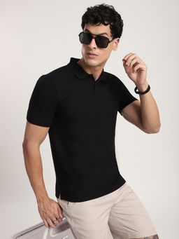 R&B - Men Black Collar Neck Half Sleeves Polo T-Shirt