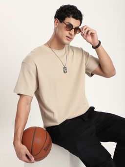 R&B - Men Beige Crew Neck Half Sleeves T-Shirt