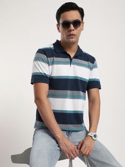 R&B - Men Navy Blue Collar Neck Half Sleeves Polo T-Shirt