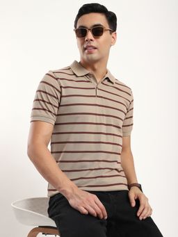 R&B - Men Beige Collar Neck Half Sleeves Polo T-Shirt