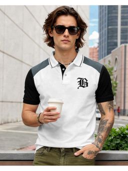 Bewakoof - Men Bright White and Black Color Block Polo T-Shirt