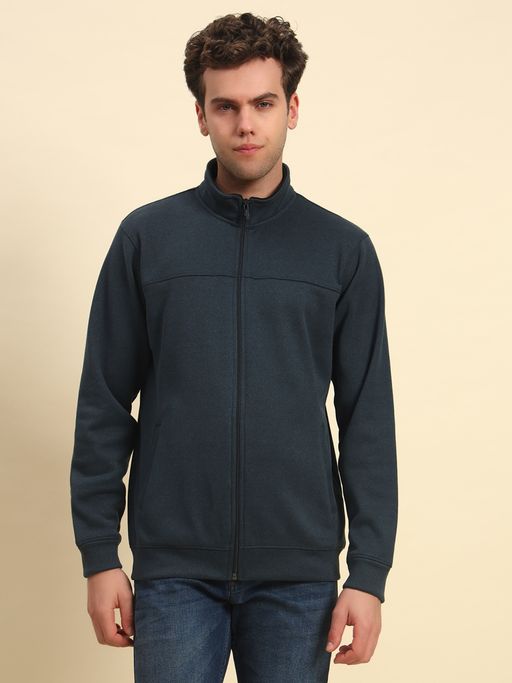 Cantabil Men Navy Blue Mandarin Neck Full Sleeves Sweatshirt