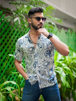 ROYALTAIL - White and Blue Print Super Soft Premium Half Sleeve Shirt