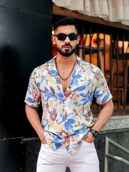 ROYALTAIL - Blue Leaf Multicolour Print Super Soft Premium Half Sleeve Shirt