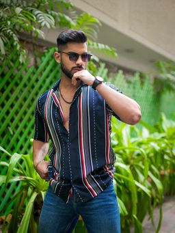 ROYALTAIL - Blue and White Striped Print Super Soft Premium Half Sleeve Shirt