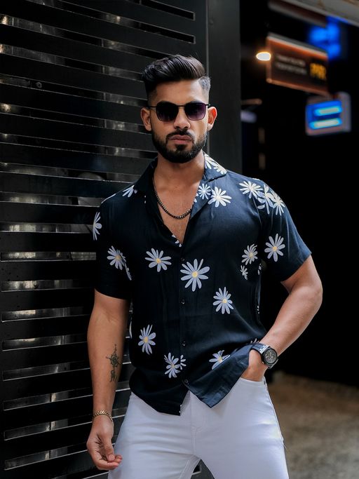 ROYALTAIL Faded Black and Off White Floral Print Super Soft Premium Half Sleeve Shirt