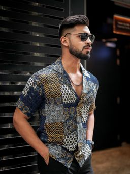 ROYALTAIL - Navy Abstract Print Super Soft Premium Half Sleeve Shirt