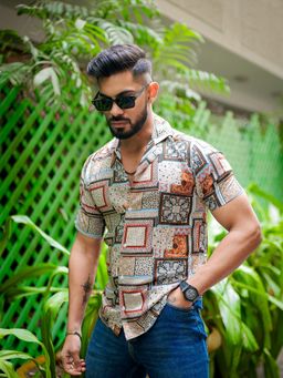 ROYALTAIL - Orange and Grey Block Print Super Soft Premium Half Sleeve Shirt