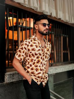 ROYALTAIL - Cream and Brown Abstract Print Super Soft Premium Half Sleeve Shirt