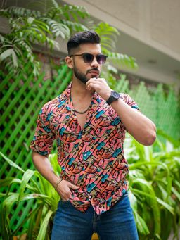 ROYALTAIL - Red and Blue Multicolor Print Super Soft Premium Half Sleeve Shirt