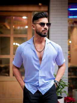 ROYALTAIL - Manfinity Men Blue Striped Print Super Soft Premium Half Sleeve Shirt