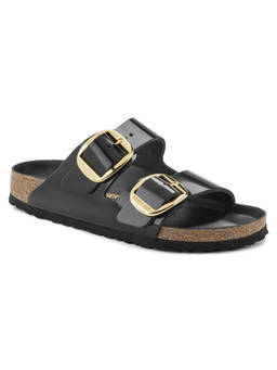 Birkenstock - Arizona Big Buckle High Shine Black Narrow Width Women Two-Strap Flats