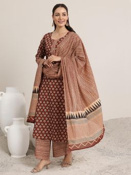 Libas - Maroon Floral Kurta with Palazzo & Dupatta