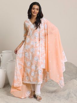 Libas - Peach Floral Kurta with Palazzo & Dupatta