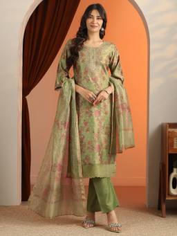 Libas - Green Floral Kurta with Pant & Dupatta