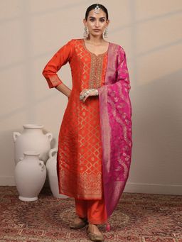 Libas - Orange Floral Kurta with Pant & Dupatta