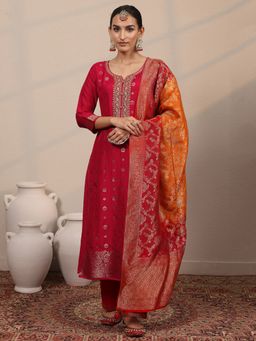 Libas - Red Woven Kurta with Pant & Dupatta