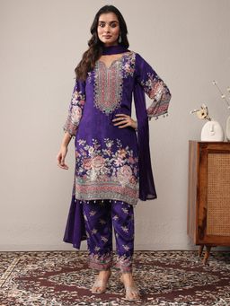 Libas - Purple Floral Kurta with Pant & Dupatta