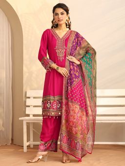 Libas - Pink Embroidered Kurta with Palazzo & Dupatta