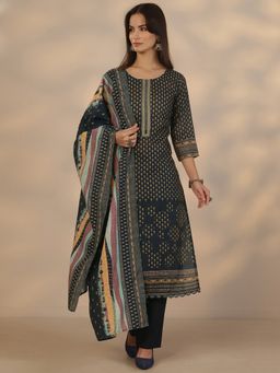 Libas - Navy Blue Floral Kurta with Pant & Dupatta