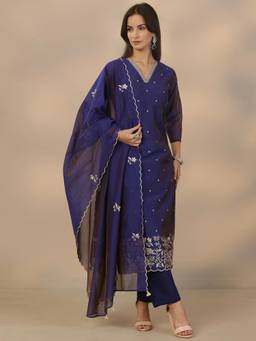 Libas - Blue Embroidered Kurta with Pant & Dupatta