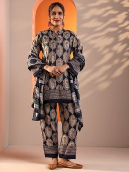 Libas - Navy Blue Geometric Kurti with Pant & Dupatta