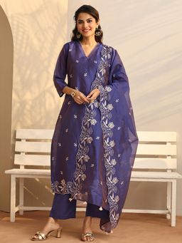 Libas - Purple Embroidered Kurta with Pant & Dupatta