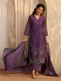Libas - Purple Floral Kurta with Pant & Dupatta