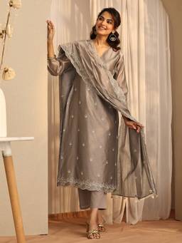 Libas - Grey Floral Kurta with Pant & Dupatta
