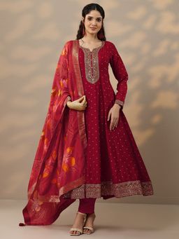 Libas - Red Floral Anarkali Kurta with Pant & Dupatta