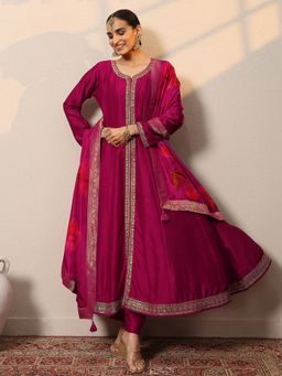 Libas - Magenta Embroidered Anarkali Kurta with Pant & Dupatta