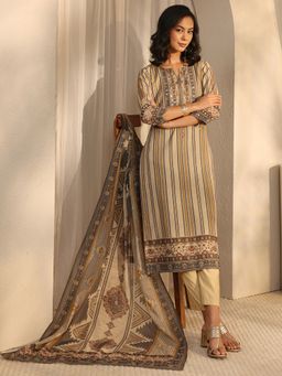 Libas - Beige Stripes Kurta with Pant & Dupatta