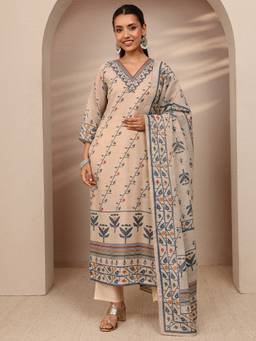 Libas - Beige Floral Kurta with Pant & Dupatta