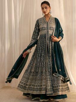 Libas Art - Teal Embroidered Kurta with Palazzo & Dupatta