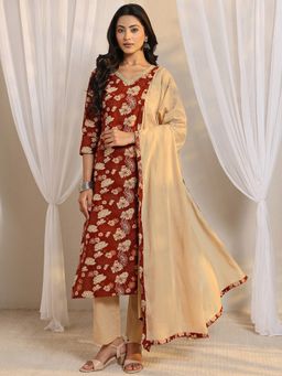 Libas - Rust Floral Kurta with Pant & Dupatta