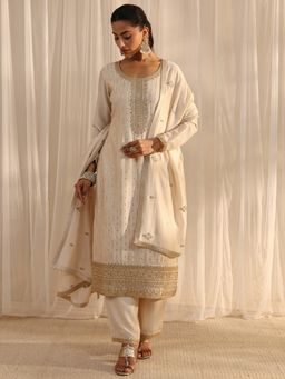 Libas - Ivory Embellished/Sequined Kurta with Palazzo & Dupatta