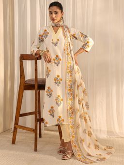 Libas - Off White Floral Kurta with Pant & Dupatta
