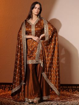 Libas - Brown Embroidered Kurti with Palazzo & Dupatta