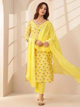 Libas - Yellow Floral Kurta with Pant & Dupatta
