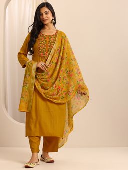 Libas - Mustard Floral Kurta with Pant & Dupatta