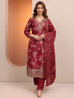 Libas - Red Floral Kurta with Pant & Dupatta