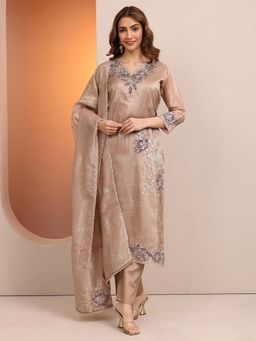 Libas - Beige Floral Kurta with Pant & Dupatta