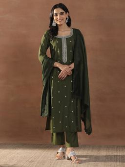 Libas - Olive Floral Kurta with Pant & Dupatta