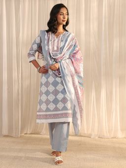Gerua By Libas - Grey Geometric Kurta with Pant & Dupatta