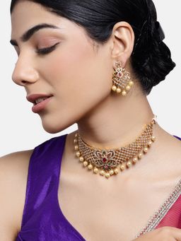 Estele - Gold Plated Cz Elegant Bridal Choker Necklace Set With Pearls For Women (Set of 2)