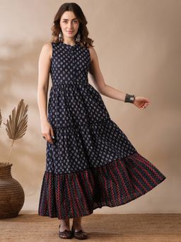 Globus - Women Blue Floral Block Print Mandarin Collar Tiered Fit & Flare Fusion Maxi Dress