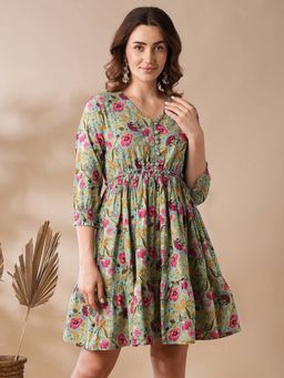Globus - Women Green Mughal Floral V-Neck Smocked Waist Flared Hem Tiered Mini Dress