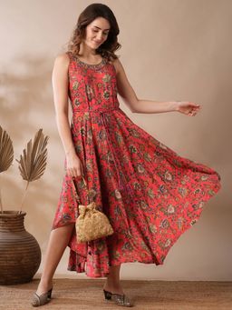 Globus - Women Peach Persian Floral Design Mirror Work Neck Asymmetric Hem Midi Dress (Set of 2)