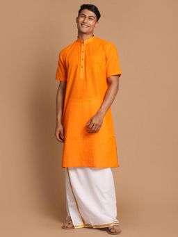 Vastramay - Mens Orange & White Pure Cotton Kurta with Mundu (Set of 2)