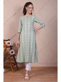 Aurelia - Green Dobby A-Line Mandarin Collar Casual Kurta